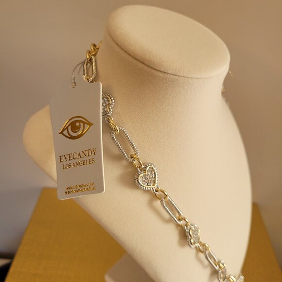 Silver and Gold Tone Necklace with Rhinestones. Glass Crystals. Toggle Clasp. - Picture 9 of 12